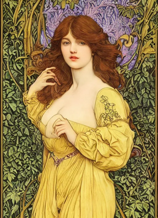 Prompt: masterpiece beautiful seductive flowing curves pose preraphaelite portrait photography, extreme close up, straight bangs, thick set, yellow ochre ornate medieval dress, mushroom forest arch, amongst foliage, william morris and kilian eng and mucha, framed, 4 k
