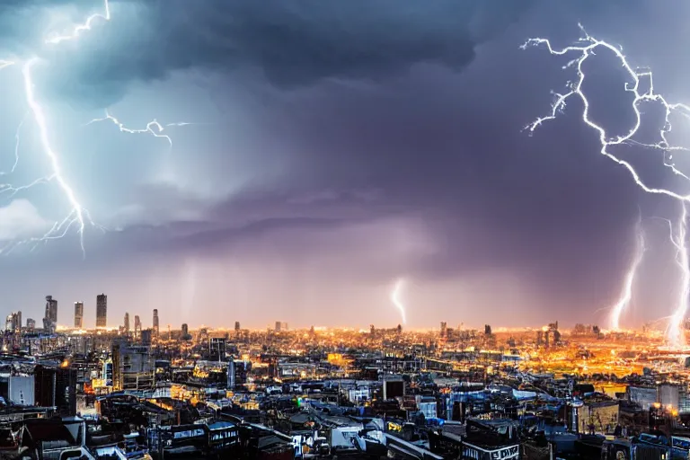 Image similar to a photo of a supercell thunderstorm in a city, cityscape, illuminated from various angles by the setting sun, cinematic, dynamic lightning, lightning bolts, mystic hue clouds