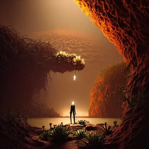 Image similar to creature in a desert lush vegetation, warm tones, night, water reflection, bioluminescent translucent : : by michal karcz, daniel merriam, victo ngai and guillermo del toro : : ornate, dynamic, particulate, intricate, elegant, highly detailed, centered, artstation, smooth, sharp focus, octane render, 3 d