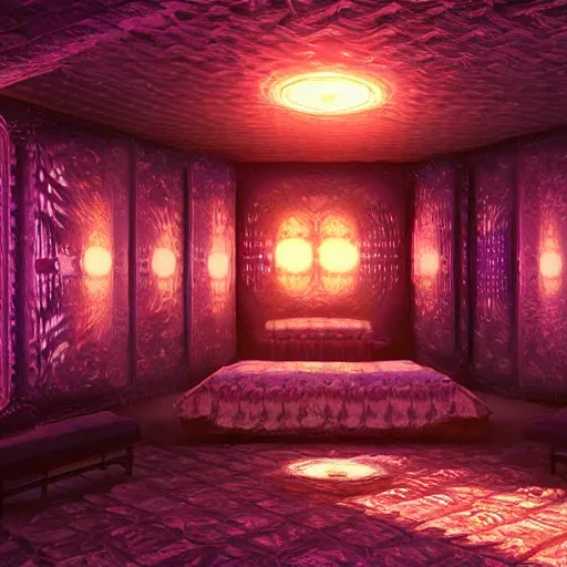 Image similar to an insanely detailed 3 d render of a room made of mandelbrot fractals, octane render, unreal engine, fractals, neon, dramatic lighting, volumetric lighting