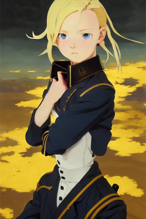 Prompt: baroque oil painting of key visual portrait concept art of young anime girl long blonde hair blue eyes, black leather nazi military uniform, brutalist, dark fantasy, rule of thirds golden ratio, fake detail, trending pixiv fanbox, acrylic palette knife, style of makoto shinkai studio ghibli genshin impact jamie wyeth james gilleard greg rutkowski