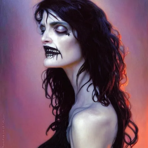 Prompt: portrait of winona ryder as death from sandman, gentle smile, by cedric peyravernay, boris vallejo, alphonse mucha, by jeremy mann, by lecouffe deharme, goth chic, soft lightning, eyeliner, punk rock, high detailed, 8 k, hyperrealism, donato giancola, joseph christian leyendecker, illustration, artgerm