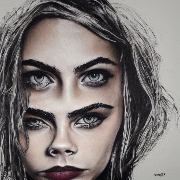 Image similar to Street-art portrait of Cara Delevingne in style of Banksy, photorealism