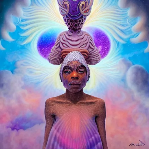 Image similar to obatala the cosmic god sitting in a cabana made of nebula clouds, by Adi granov and afarin sajedi and amanda sage and evgeni gordiets and Agostino Arrivabene in a psychedelic portrait style, ultrarealistic matte painting, volumetric lighting, fractal, extremely symmetrical, highly detailed face, orisha, 8k, hd