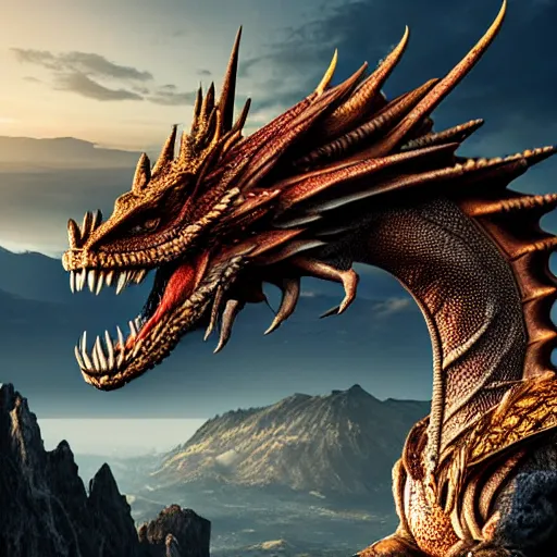 Image similar to giant dragon standing on a mountain, highly detailed, 4 k, hdr, award - winning, directed by zack snyder