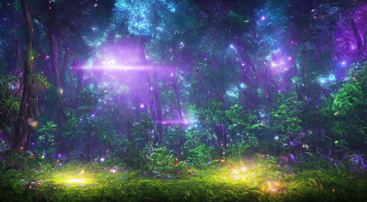 Image similar to A beautiful lush magic mana forest, night sky with dazzling stars, fairies, fireflies, bokeh, octane render, unreal engine, raytracing, crystallized, intricate, hyper detailed, light rays.