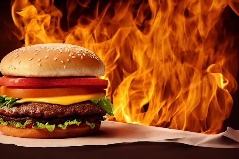 Prompt: mcdonalds hamburger on fire, commercial photography