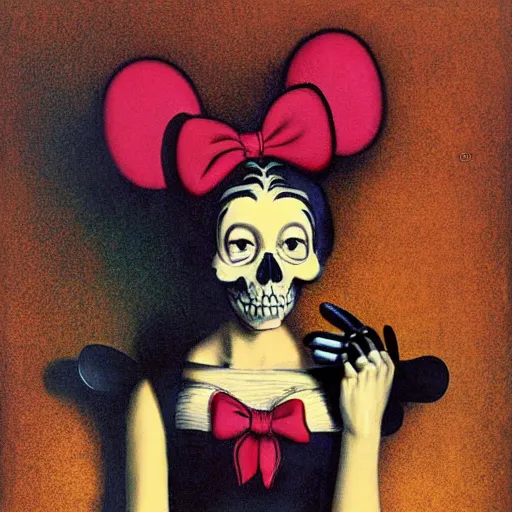 Image similar to portrait painting young woman skeleton, minnie mouse, comic book, elegant, highly detailed, painted by maxfield parrish and murakami