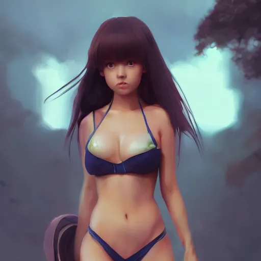 Image similar to kodak portra. by wlop, ilya kuvshinov, krenz cushart, greg rutkowski, trending on pixiv. zbrush sculpt, octane, maya, houdini, vfx. cute anime girl wearing bikini armor. digital painting. cinematic dramatic atmosphere, sharp focus, volumetric lighting.