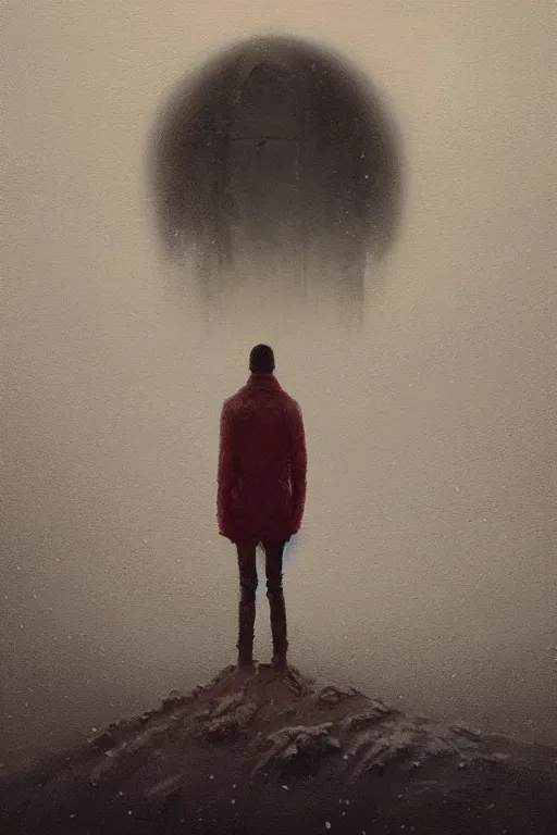 Image similar to a painting of a person standing in the snow, a surrealist painting by zdzisław beksinski and by alena aenami, deviantart, nuclear art, dystopian art, apocalypse landscape, surrealist