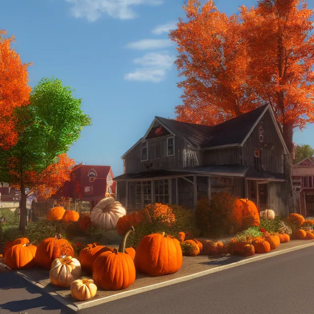 Image similar to small new england town with shops and pumpkins, maple trees with fall foliage, volumetric, realistic, cinematic lighting, ray tracing, unreal engine 5, octane render, hyper realistic, photo, 8 k