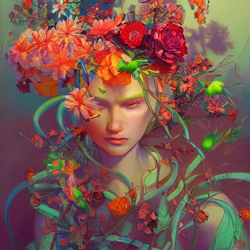 Prompt: a bouquet of flowers, flowers with very long petals,stark sunlight, hard light and long shadows, neon glowing, vivid, detailed painting, by James Jean and Ross Tran, masterpiece, award winning painting