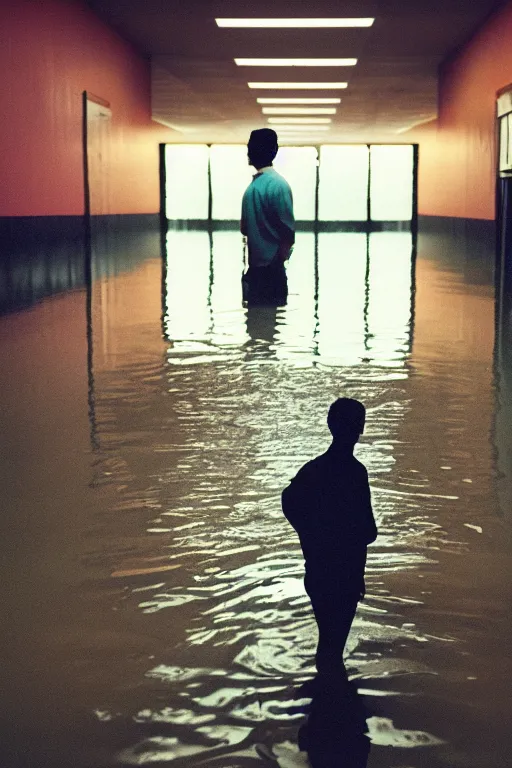 Image similar to agfa vista 4 0 0 photograph of a guy standing in a school hallway flooded with water, synth vibe, vaporwave colors, lens flare, moody lighting, moody vibe, telephoto, 9 0 s vibe, blurry background, grain, tranquil, calm, faded!,
