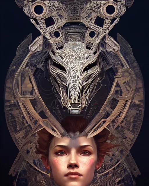 Image similar to symmetry!! portrait of a machine from horizon zero dawn, machine face, decorated with pharoanic motifs, intricate, elegant, highly detailed, digital painting, artstation, concept art, smooth, sharp focus, illustration, art by artgerm and greg rutkowski and alphonse mucha, 8 k