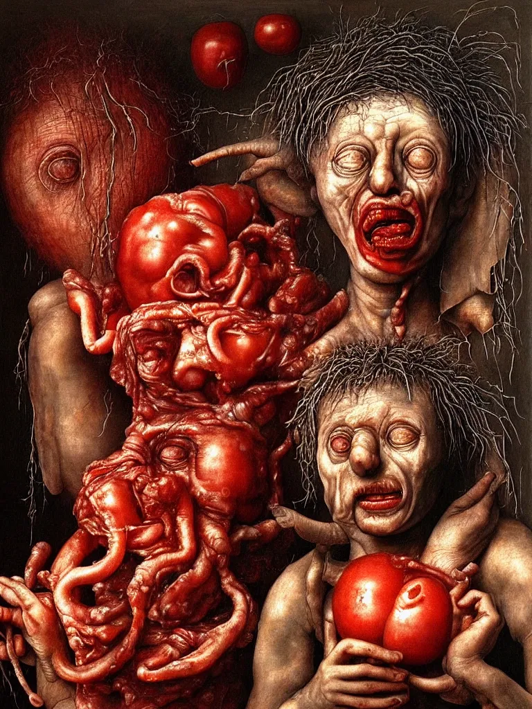 Image similar to a boy like eraserhead and elephant man sitting in a tub full of tomato sauce, looking straight at camera, screaming, by giuseppe arcimboldo and ambrosius benson, renaissance, fruit, intricate and intense oil paint, a touch of beksinski and hr giger and edward munch, realistic