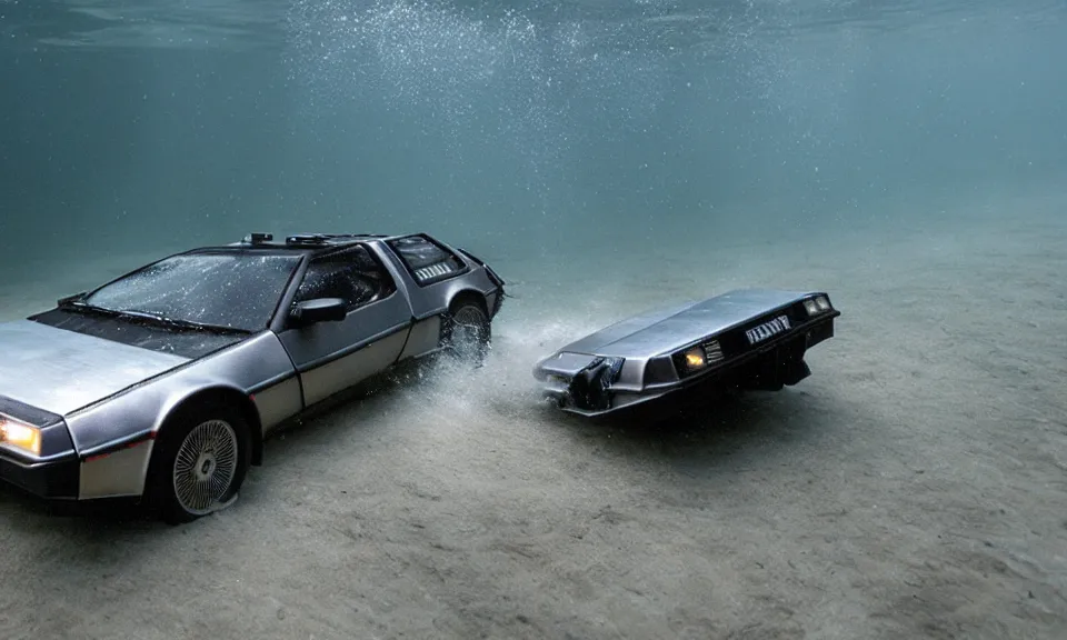 Image similar to photo of a delorean go lightspeed underwater