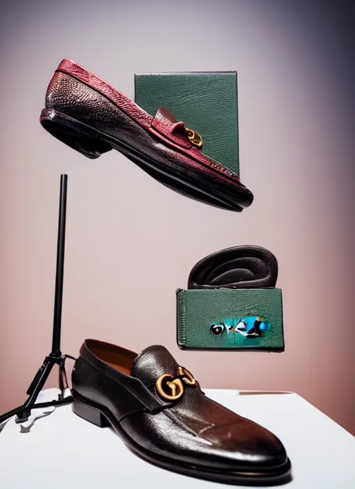 Image similar to hyperrealistic and heavy detailed product photo gucci shoe of albert einstein, in front of white back drop, whole shoe is in picture, leica sl 2 5 0 mm, vivid color, high quality, high textured, real life