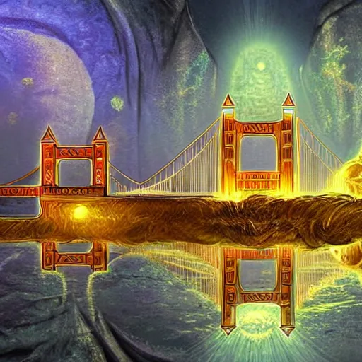 Image similar to glowing golden gate to the undertown, fantasy, ultra detailed