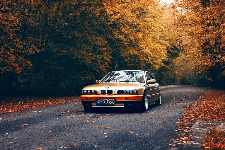 Image similar to A BMW e36 parked in a road with trees, autumn season, Epic photography, taken with a Leica camera, 50 mm, depth of field, bokeh