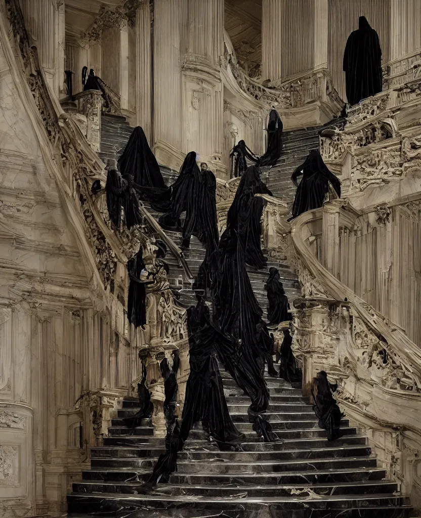 Image similar to several ritualistic figures shrouded in a long trailing dark black opaque gown, descending in tandem down a giant marble staircase away from a conference room, photorealism, hyperrealism, harsh lighting, dramatic lighting, medium shot, serious, gloomy, foreboding, cinematic, creepy