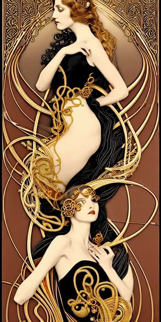 Image similar to the source of future growth dramatic, elaborate emotive Art Nouveau styles to emphasise beauty as a transcendental, seamless pattern, symmetrical, large motifs, hyper realistic, 8k image, 3D, supersharp, Art nouveau 3D curves and swirls, copper and Gold pipes, silk ribbons and golden chains, swarovski crystals, iridescent and black and shiny gold colors , perfect symmetry, iridescent, High Definition, sci-fi, Octane render in Maya and Houdini, light, shadows, reflections, photorealistic, masterpiece, smooth gradients, no blur, sharp focus, photorealistic, insanely detailed and intricate, cinematic lighting, Octane render, epic scene, 8K