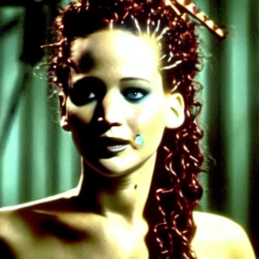 Image similar to jennifer lawrence as the bride of frankenstein, color photography, sharp detail, clever smile, still from the movie van helsing