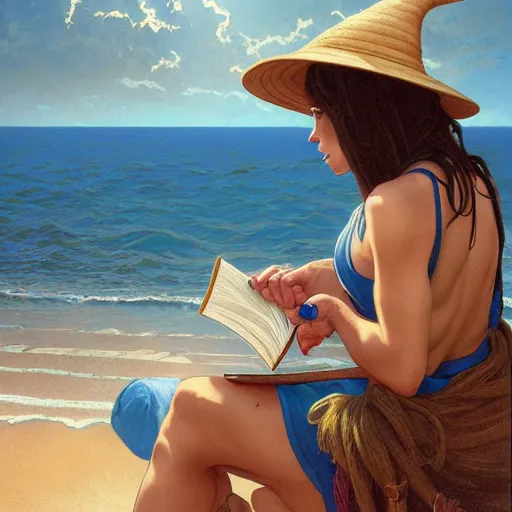 Image similar to portrait of a female wizard with brown hair wearing a blue wizard's hat and blue swimsuit holding a book at the beach, fantasy, highly detailed, digital painting, artstation, concept art, character art, art greg rutkowski and tyler jacobson and alphonse mucha