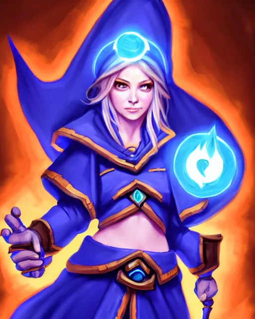 Image similar to perfectly - centered!! looking at the camera!!! full body portrait of the female blue mage, bright lighting, by hearthstone, concept art, hearthstone mastered art