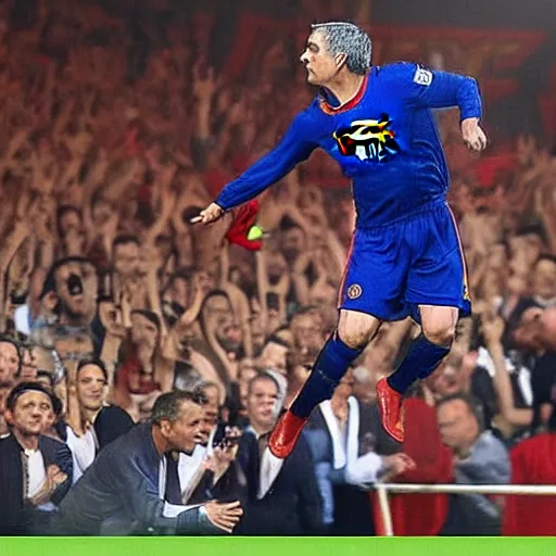 Image similar to jose mourinho flying like superman throwing lasers, award winning photograph