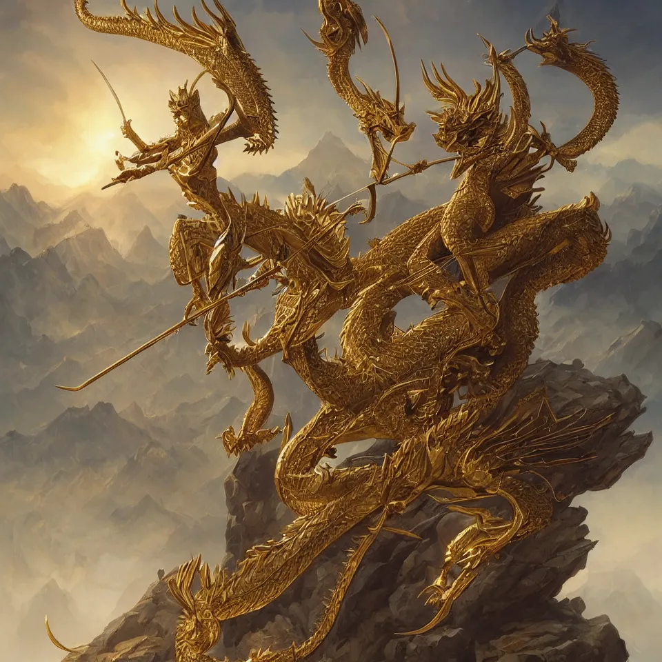 Prompt: a golden dragon holding a bow and arrow, mountains, D&D, fantasy, intricate, elegant, highly detailed, digital painting, artstation, concept art, smooth, sharp focus, illustration, art by artgerm and greg rutkowski and alphonse mucha