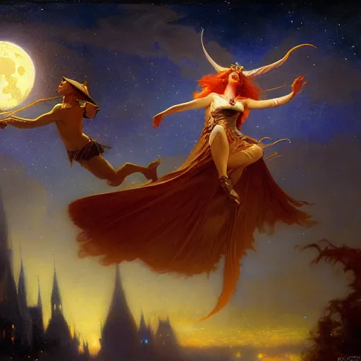 Image similar to attractive witch magically flying trough the night, fantasy, full moon in background. highly detailed painting by gaston bussiere, craig mullins, j. c. leyendecker 8 k