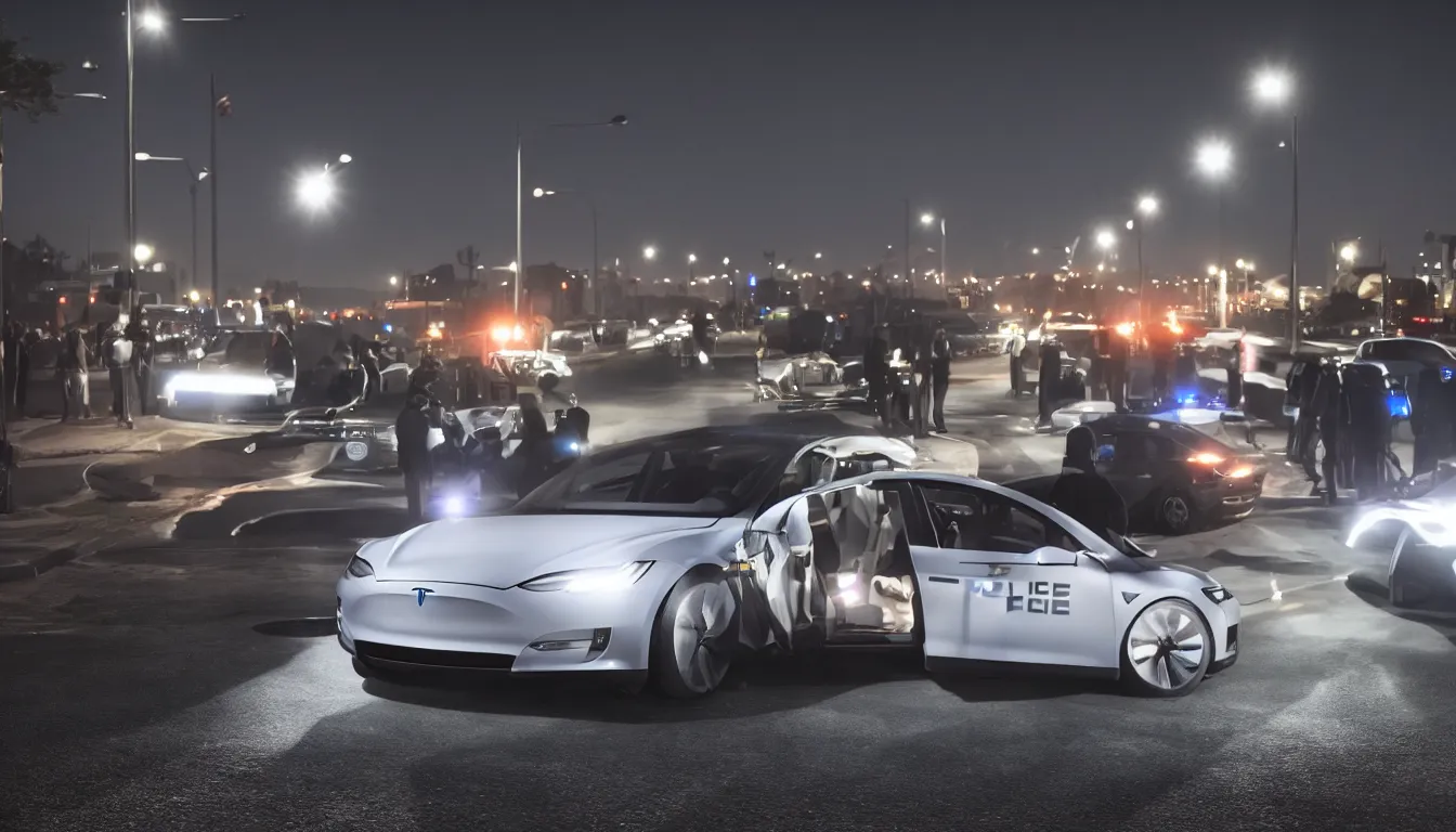 Prompt: Police Tesla at night with lights on, photorealistic, cinematic