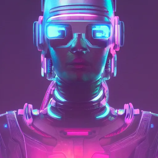 Image similar to cyberpunk concept cool cyborg bot, cinema 4 d, galaxy, cosmos, ufo, space sci - fi, wearing vr goggles, illustration, portrait, pastel neon textured background night, trending on artstation, greg rutkowski, octane rendered, 1 2 k, detailed,