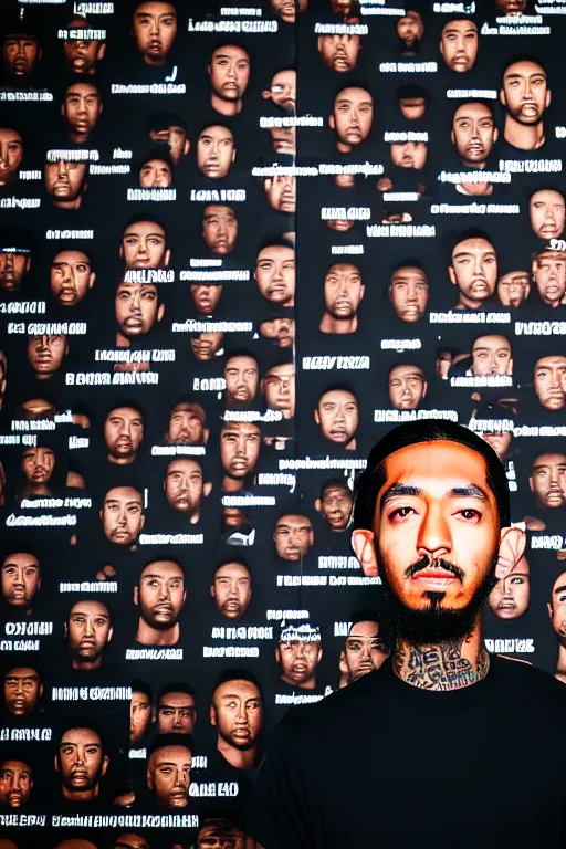 Image similar to asian guy stand in front of wall full of black rapper nipsey hussle mural, photorealistic, smooth, 4 k, aesthetic lighting, baroque object, sharp focus, hyperdetailed, professional photography, pullitzer winning, photo by : canon eos 5 d mark iv, by karah mew and adnan abidi and jodie bateman