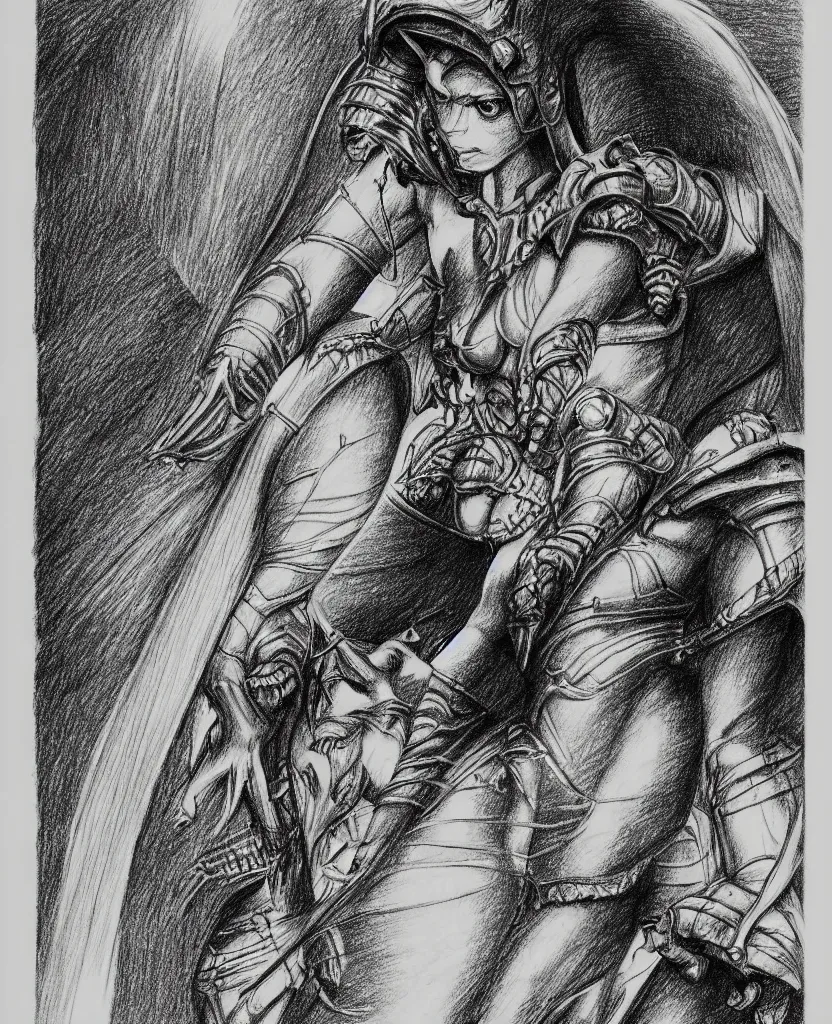 Image similar to line art pencil drawing of medieval half insect half woman chimera, very exaggerated fisheye perspective, art by shinichi sakamoto and kentaro miura