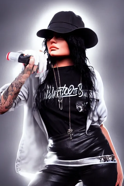 Image similar to kylie Jenner dressed as eazy e, open shirt highly detailed, wide shot, intricate, fearful, mystical, sharp focus, Trending on Artstation HQ, deviantart, unreal engine 5, 4K UHD image