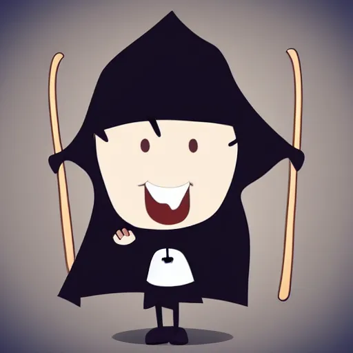 Image similar to cute cartoon drawing of a grim reaper with childish proportions holding a scythe, big head, big eyes, skull head