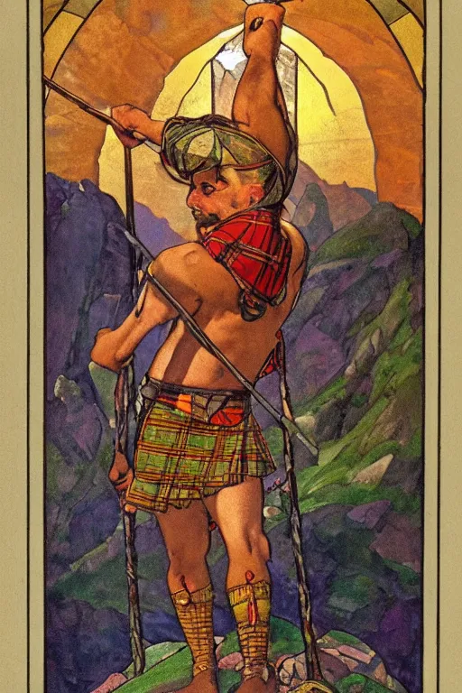 Prompt: a symmetrical tarot card of a thick shirtless desi mountaineer wearing a scottish tartan kilt on a snowy mountain peak. he has a wooden staff, cowboy hat, and boots. background is a stained glass golden sunrise. art deco, art nouveau, homoerotic. by raja ravi varma, by louis comfort tiffany, by albert bierstadt. trending on artstation.