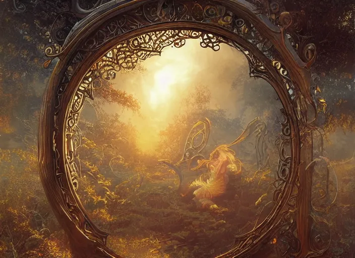 Image similar to large rustic intricately decorated cast iron gate, a view to an eerie fantasy world, golden glowing sphere, ethereal back light, mist, coherent composition, detailed fantasy painting by artgerm, noriyoshi ohrai, yuumei