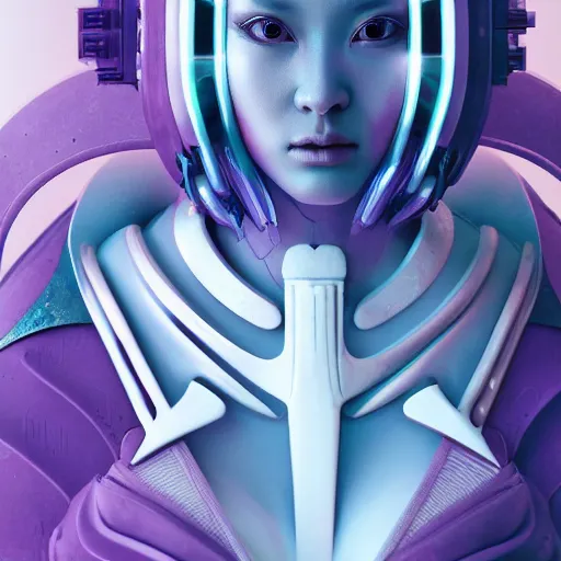 Image similar to portrait of an alien cyborg princess, style of Feng Zhu, Artstation geometric, aesthetic, smooth skin, unique features, symmetrical, intricate crown, high fashion, streetwear, cyberpunk, surreal, bold, detailed, octane render, cinematic, 8k, wires, purple skin,