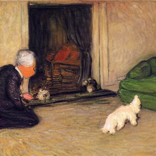 Image similar to a westie dog throwing up on the floor of a living room while a family watches by monet