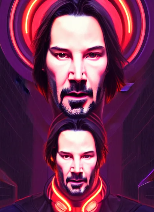 Image similar to symmetry portrait of keanu reeves, sci - fi, tech wear, glowing lights intricate, elegant, highly detailed, digital painting, artstation, concept art, smooth, sharp focus, illustration, art by artgerm and greg rutkowski and alphonse mucha