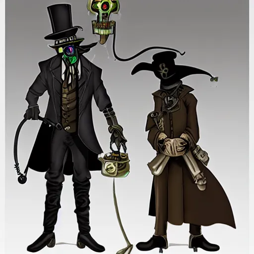 Prompt: steampunk plague doctor and cyberpunk plague doctor