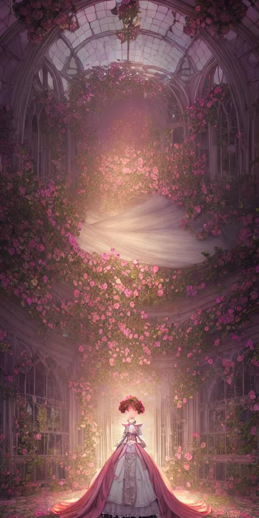 Prompt: the beautiful hyperdetailed physical rendering of a single rose wedding gothic lolita dress clothing design display in exhibition hall, perfectly shaded, atmospheric lighting, in the style of makoto shinkai raphael lacoste louis comfort tiffany stanley artgerm lau wlop rossdraws beeple, surrealistic style, 8 k hd, 3 drender