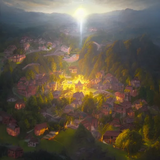Image similar to aerial view of a hilly medieval town situated below an orb of light hanging in the sky. bright orb, by alan lee by peter mohrbacher, trending on artstation sharp focus vfx key shot
