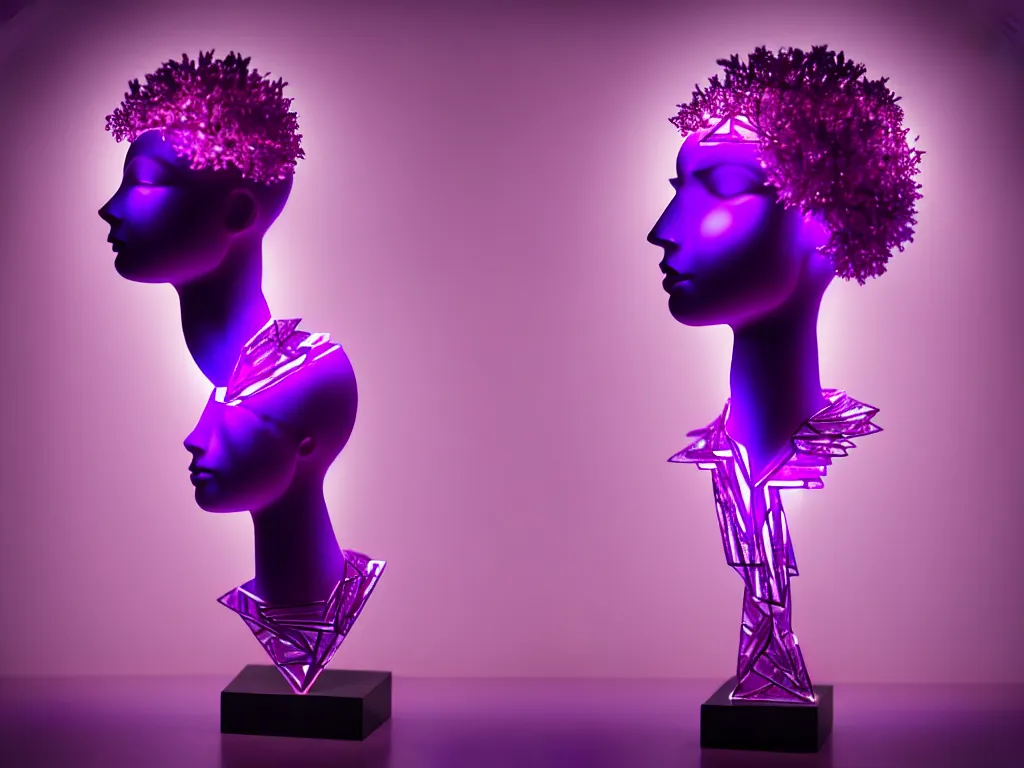 Image similar to beautiful mannequin sculpted out of amethyst by billelis + lit with purple 3 d geometric neon + chrome geometric cubed bonsai plants!!!!, doorway opening with neon pink geometric light, clean linework, dramatic, finely detailed, rule of thirds, moody, confident, award winning, 4 k, trending on artstation, photorealistic, volumetric lighting, octane render