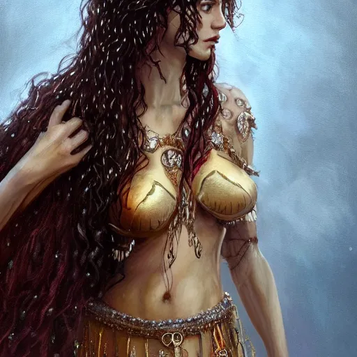 Prompt: character design, medieval, a woman with long dark curly hair and white eyes, she is adorned in jewels, belly dancer, stoic, brown skin, alone dramatic, epic painting, painted by wlop and nixeu, cgsociety, beautiful, semirealism, artbreeder, artstation, volumetric light, octane render, sharpness, 8 k, golden ratio