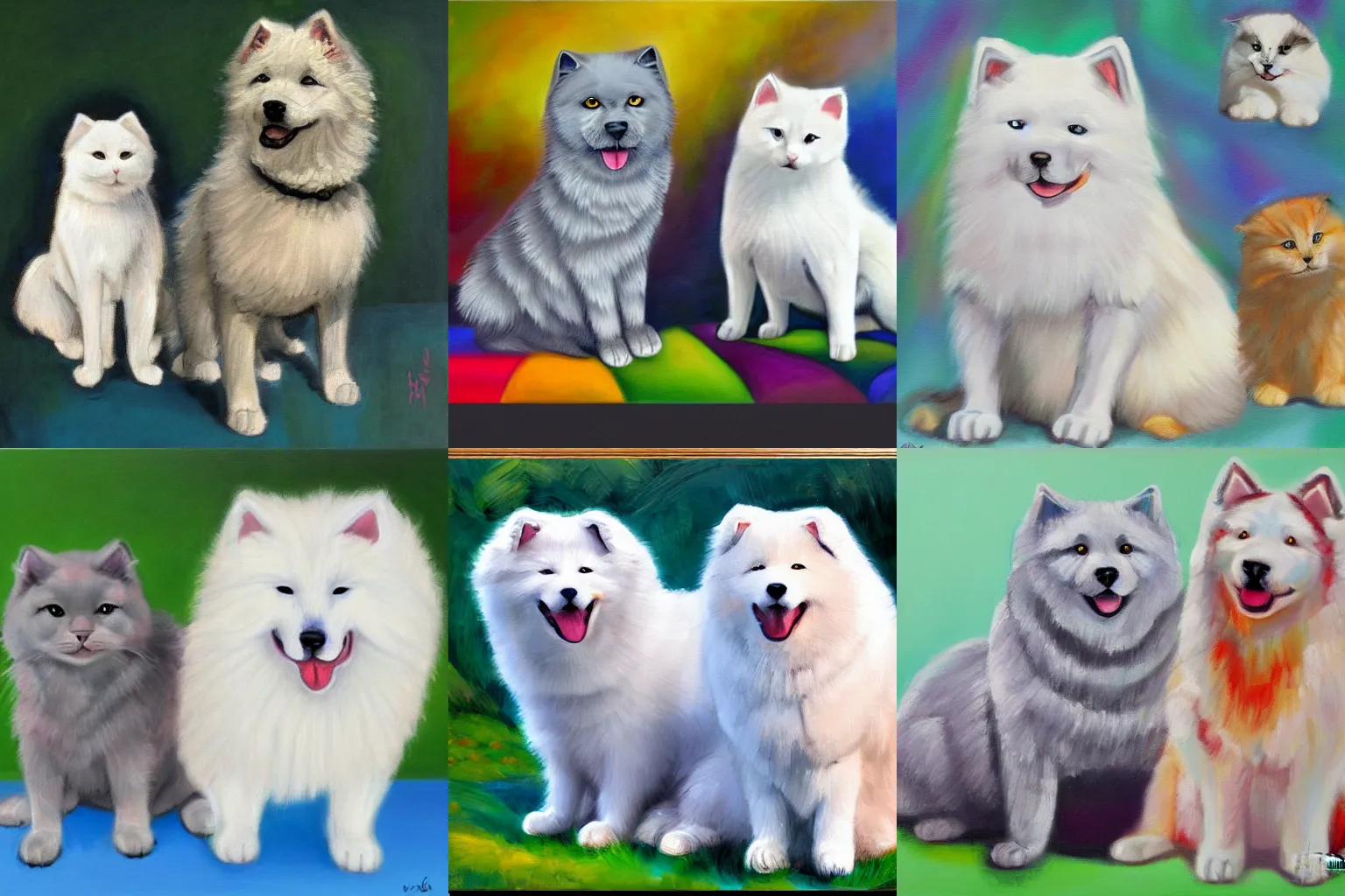 Prompt: a samoyed dog and a grey scottish fold cat, colorful background, expressive oil painting