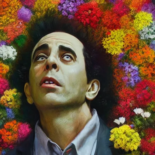 Image similar to Seinfeld made out of flowers, surreal landscaping in the background, portrait by Esao Andrews, concept art, existential horror, 4k HD, trending on ArtStation episode