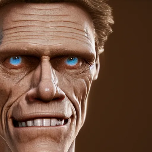 Image similar to william dafoe, dark lighting, uncanny, 8 k, octane render